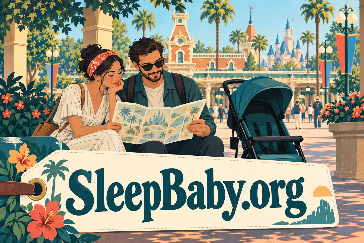 Two adults study a folded plan beside an empty stroller in a shaded theme-park plaza. SleepBaby.org appears in the artwork.