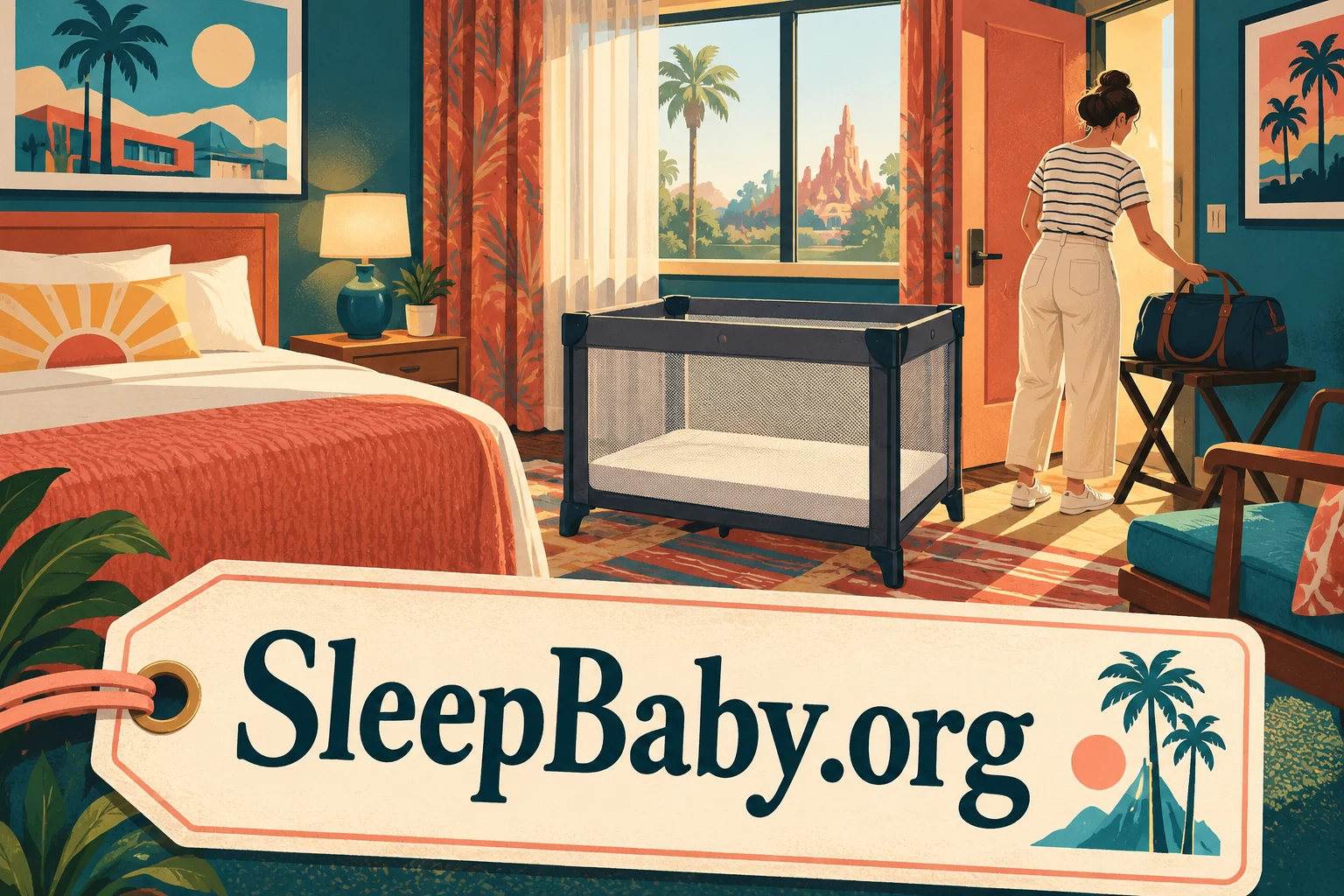 An empty mesh travel crib in a hotel room, with an outing bag stored separately. SleepBaby.org appears in the artwork.