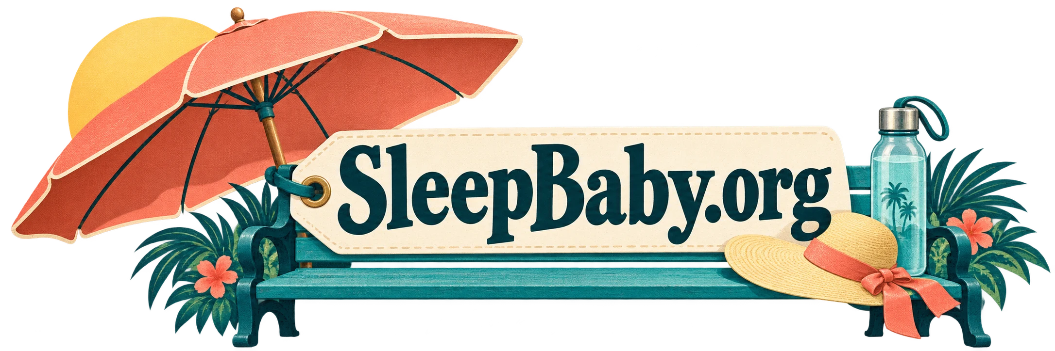 A sun umbrella, shaded bench, hat and adult water bottle frame a cream tag. SleepBaby.org appears in the artwork.