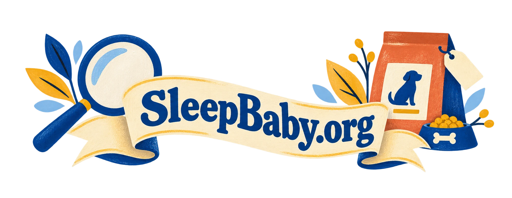 A cream ribbon joins a dog-food bag, magnifier and tag. SleepBaby.org appears in the artwork.