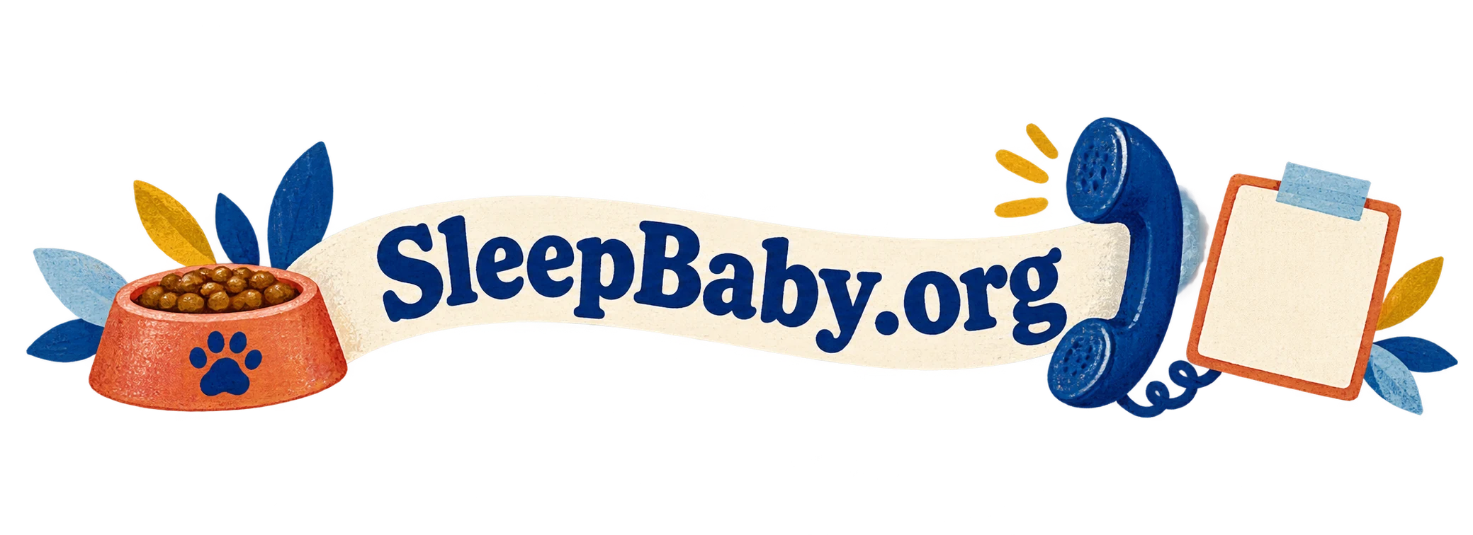 A cream ribbon joins a pet bowl, telephone and blank note. SleepBaby.org appears in the artwork.