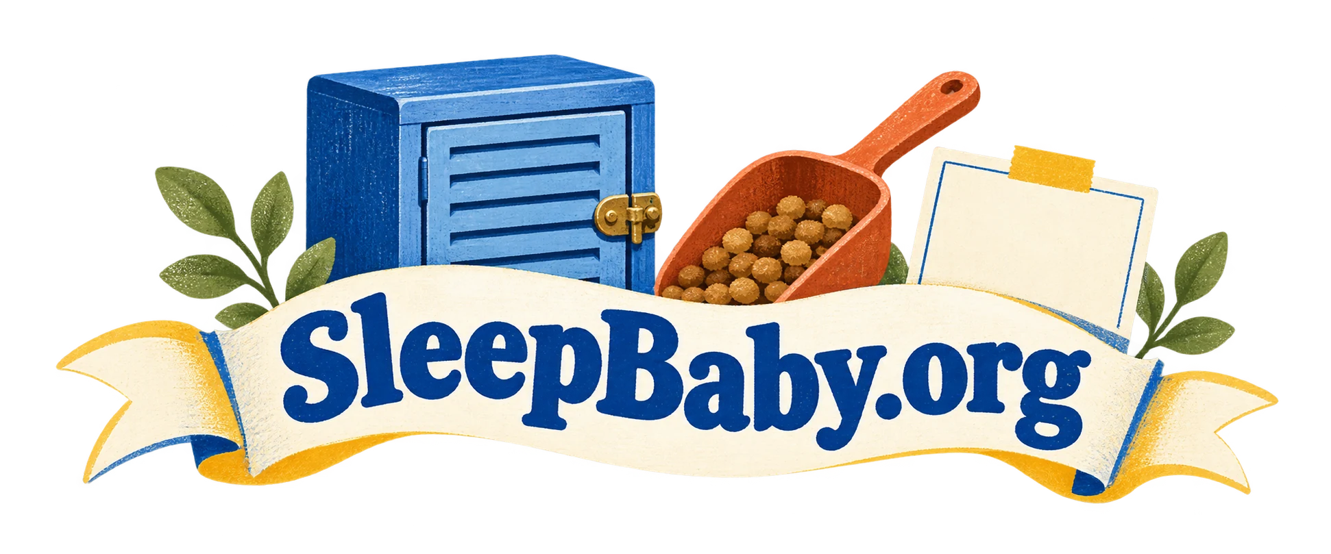 A cream ribbon joins a latched cabinet, scoop and note. SleepBaby.org appears in the artwork.