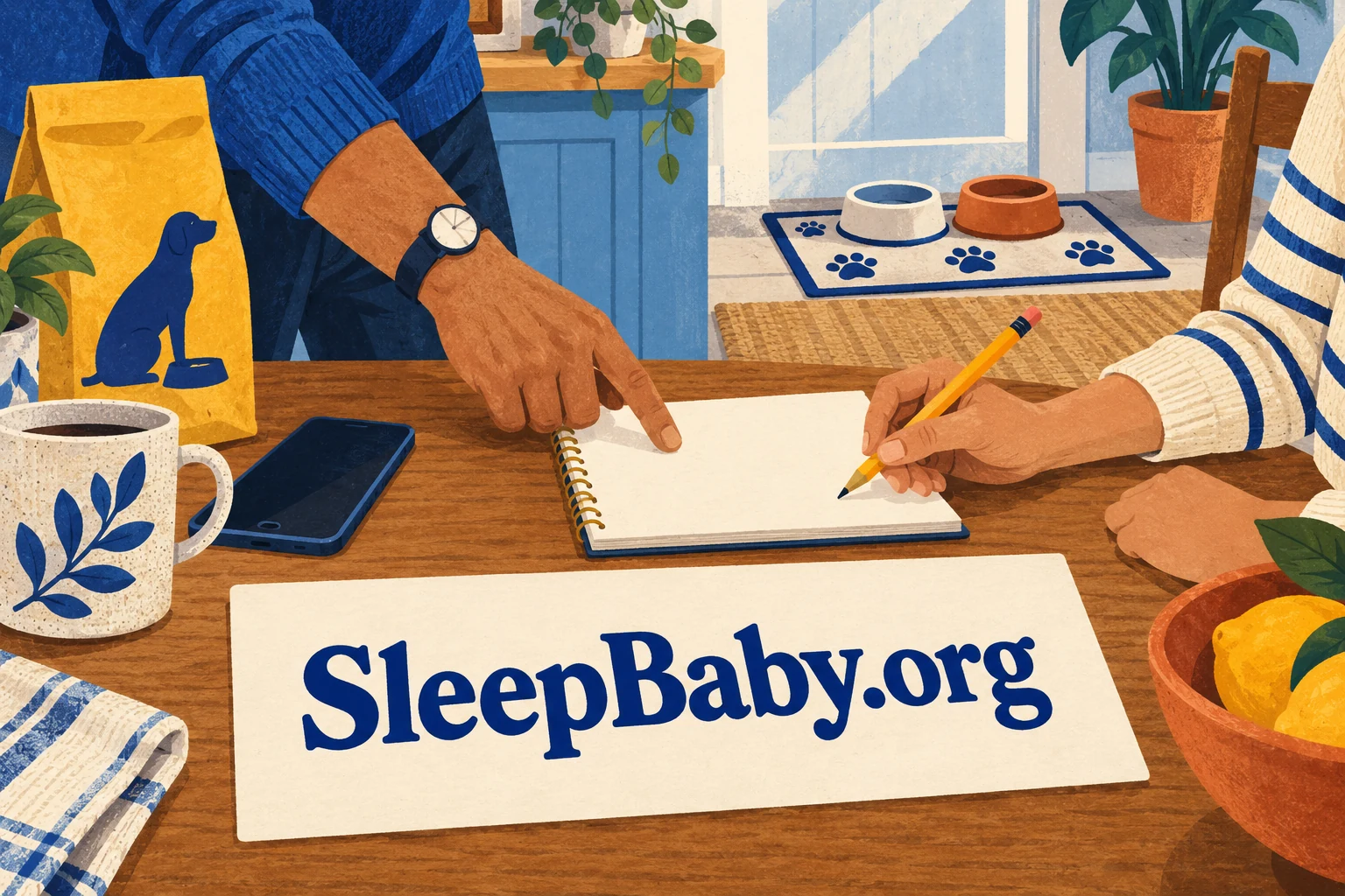 Two adults point to a notebook beside a bag and empty feeding bowls. SleepBaby.org appears in the artwork.