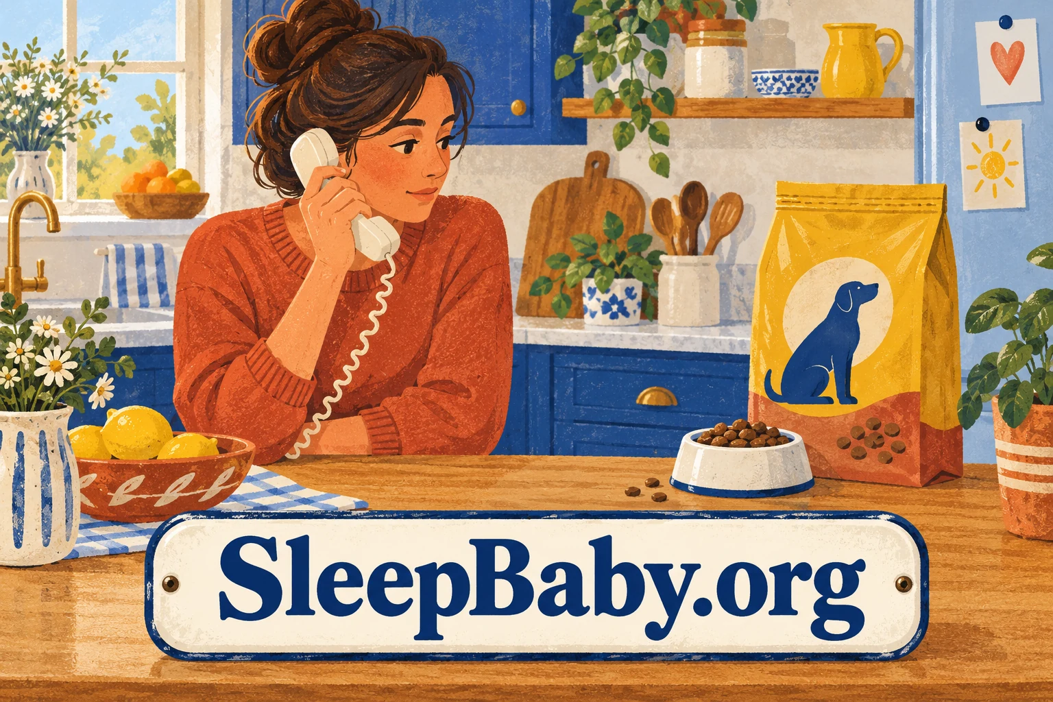 An adult speaks on the phone beside a dog-food bag, bowl and notebook. SleepBaby.org appears in the artwork.