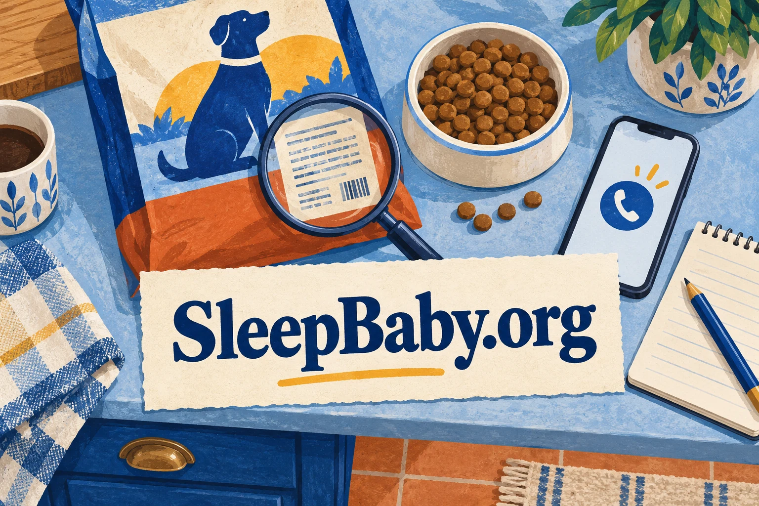 A magnifier, dog-food bag, phone and notebook sit on a table. SleepBaby.org appears in the artwork.