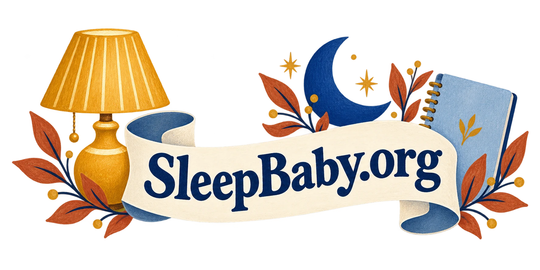 A cream ribbon joins a lamp, moon and notebook. SleepBaby.org appears in the artwork.