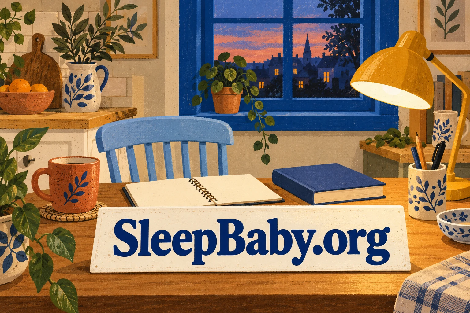 A lamp, notebook and plain book sit in a quiet evening alcove. SleepBaby.org appears in the artwork.