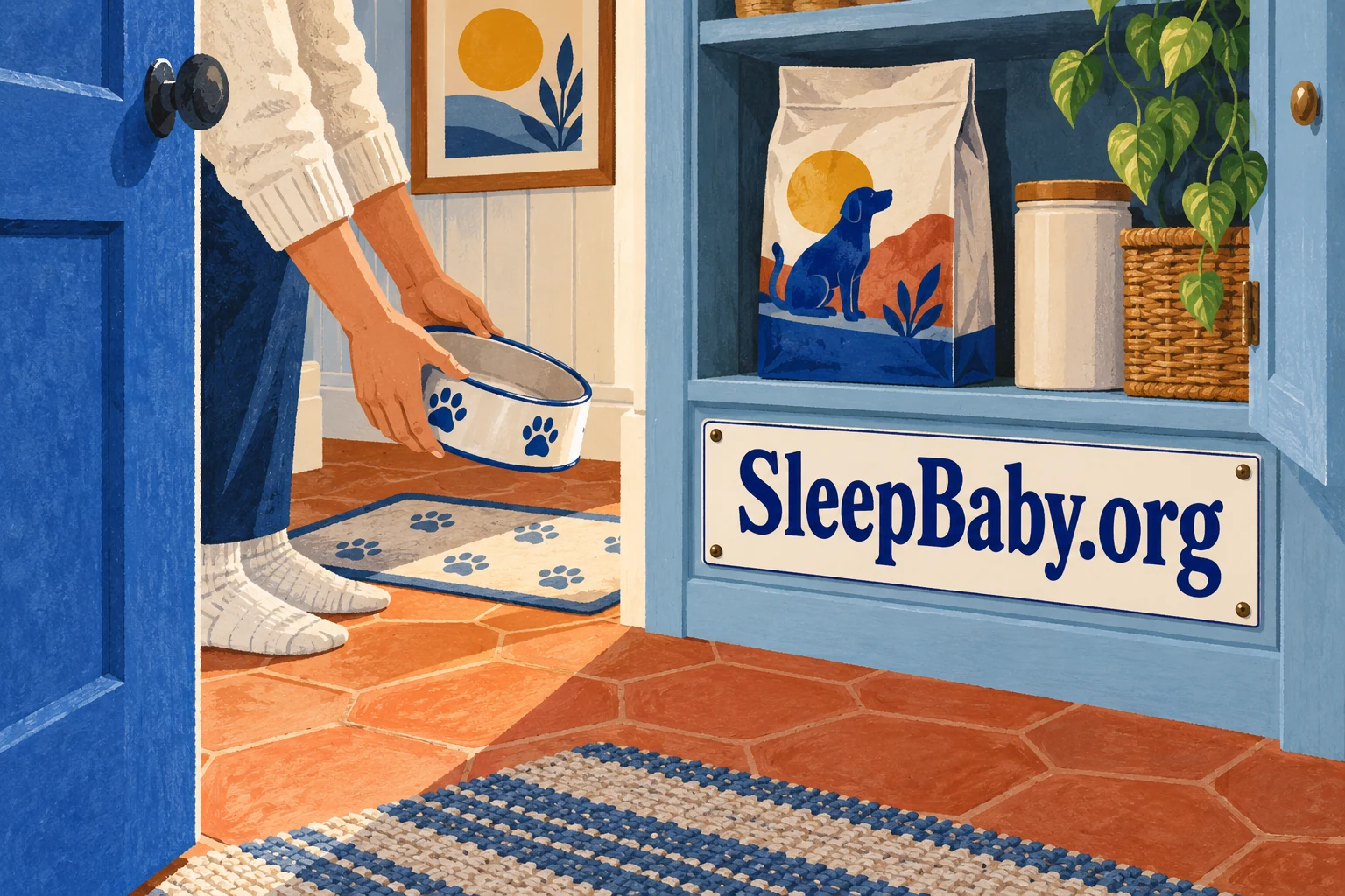 Adult hands lift an empty bowl from a dog feeding area. SleepBaby.org appears in the artwork.