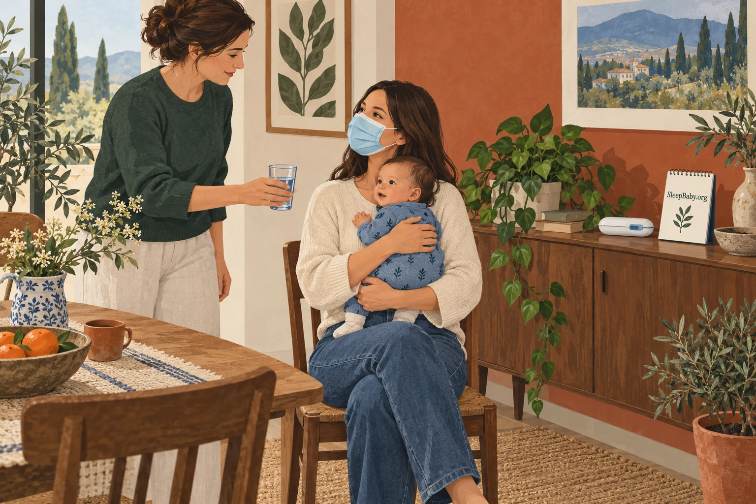 Awake masked mother holds an alert baby while another adult offers water.
