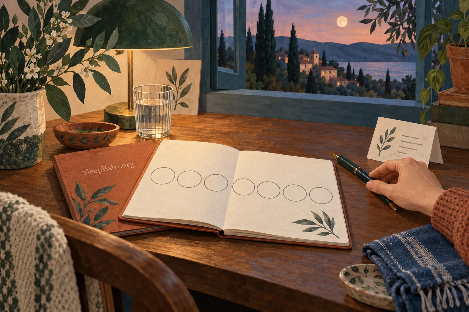 Evening desk with a routine notebook, separate care note, lamp and water.