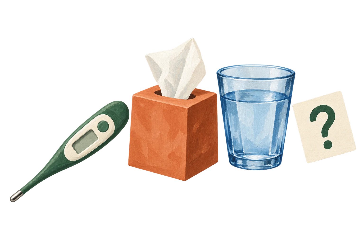 Thermometer, tissues, water and question card introduce assessing a fever.