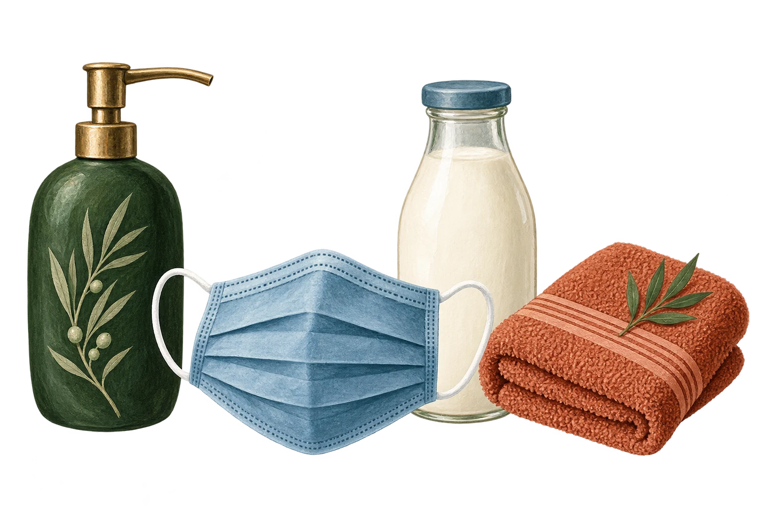 Soap, adult mask, covered milk bottle and towel introduce contact precautions.