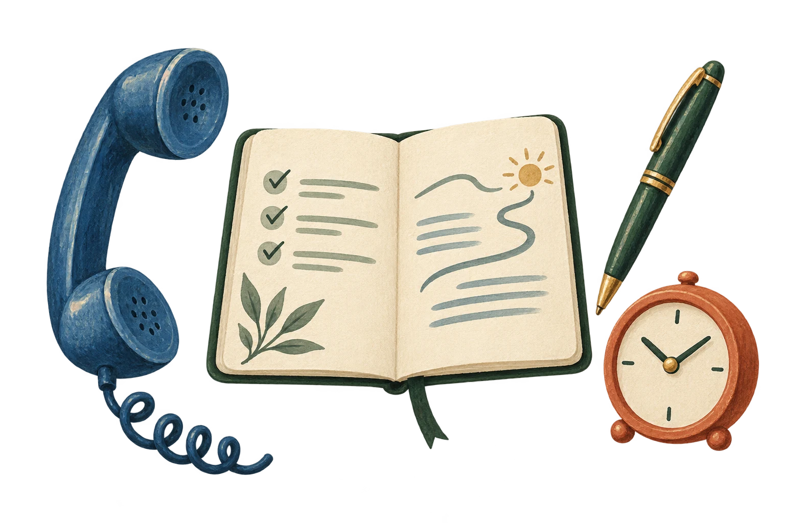 Phone, notebook, pen and clock introduce arranging the next feed.