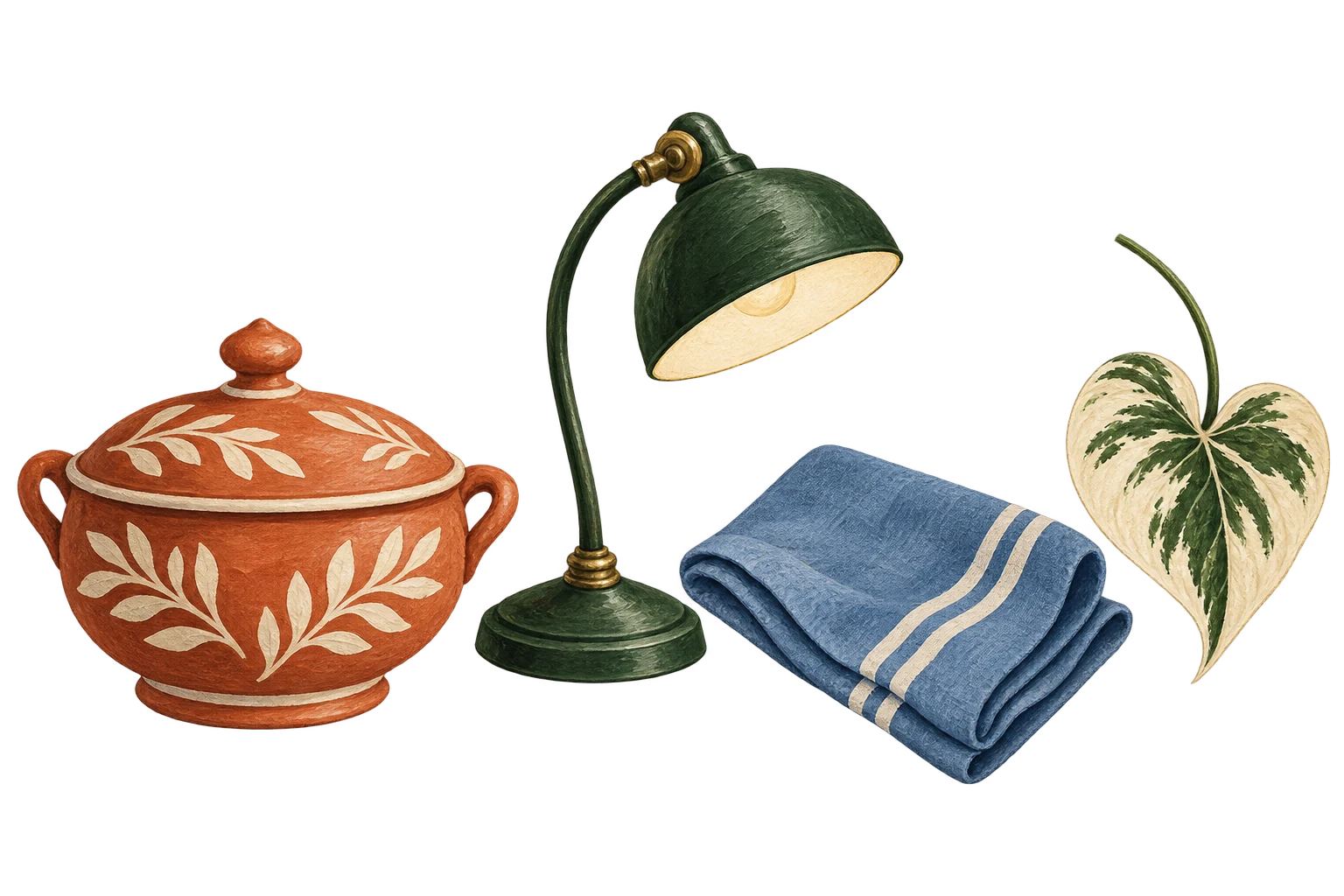 Covered soup bowl, lamp, cloth and leaf introduce recovery and help.
