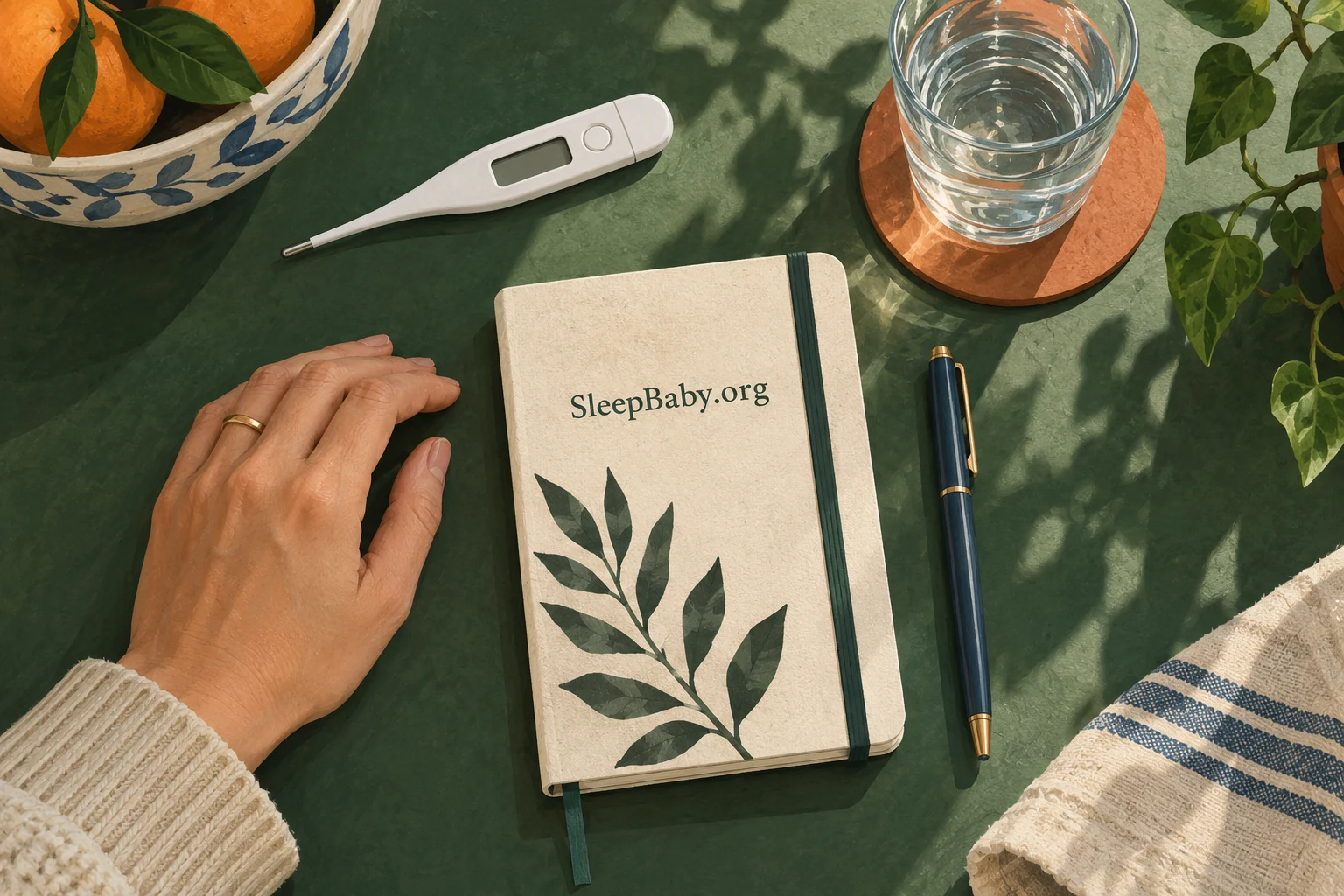 Thermometer, notebook, pen and water glass on a green tabletop.