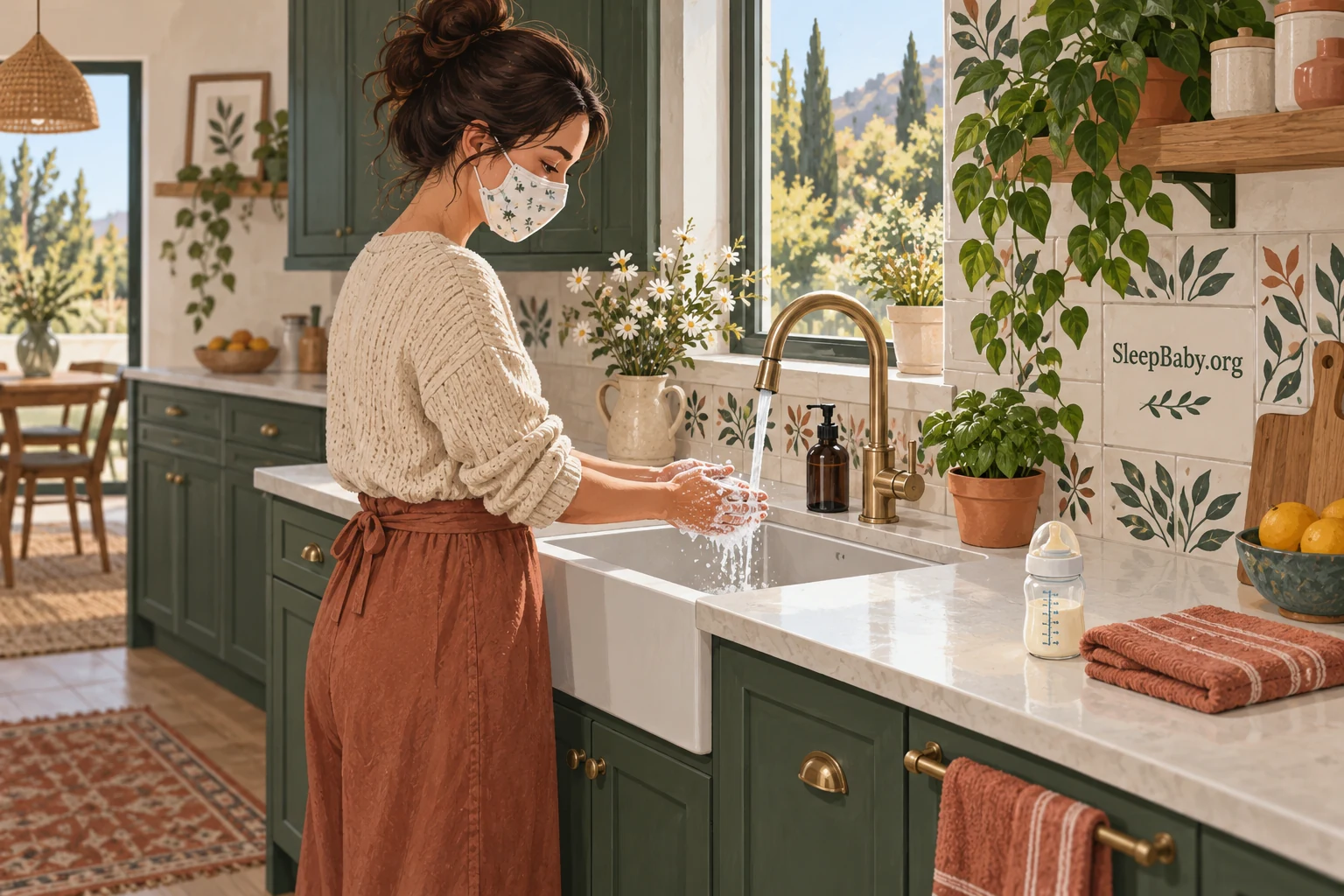 Masked adult washes hands at a sink beside a clean dry feeding area.