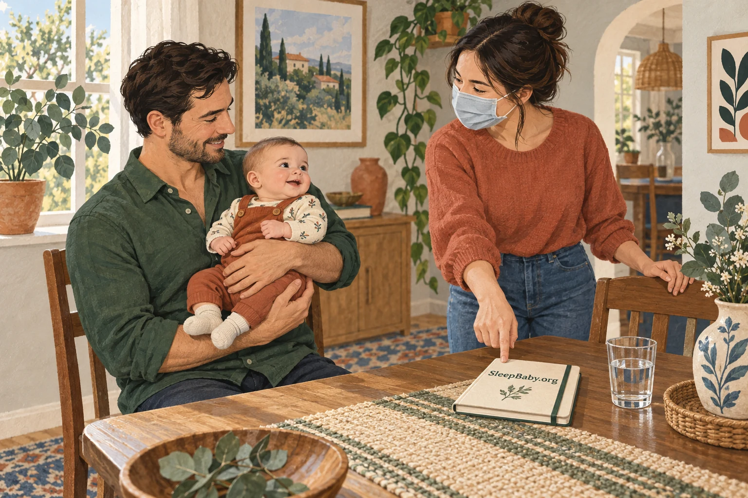 Healthy caregiver holds an alert baby while the masked parent points to a care notebook.