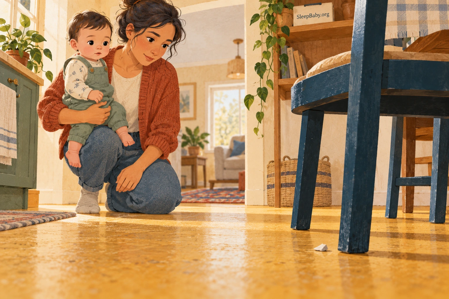 A parent holds an awake baby away from a small fragment beside a dining chair.