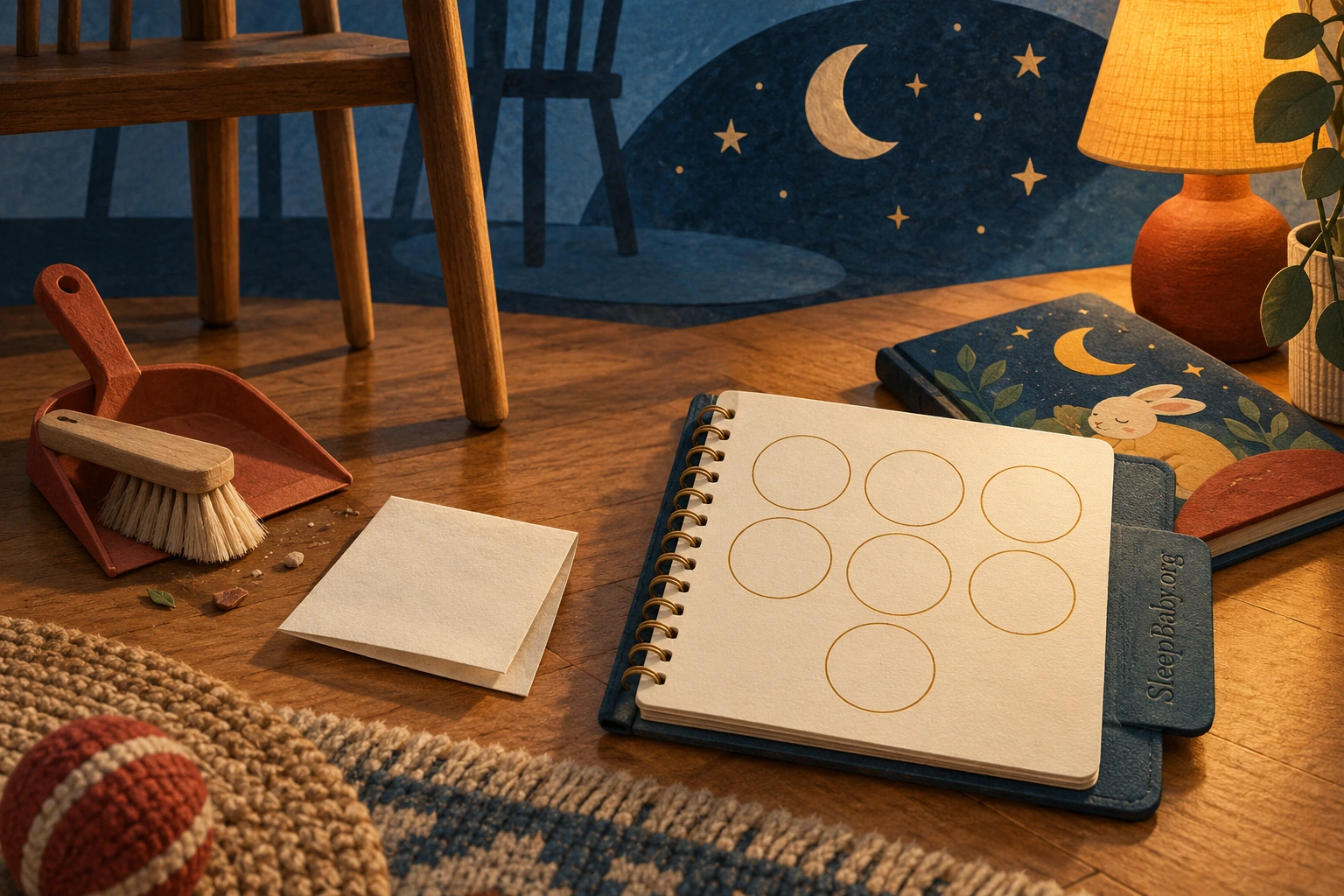 An illustrated floor-check note and dustpan sit beside a seven-circle bedtime notebook.