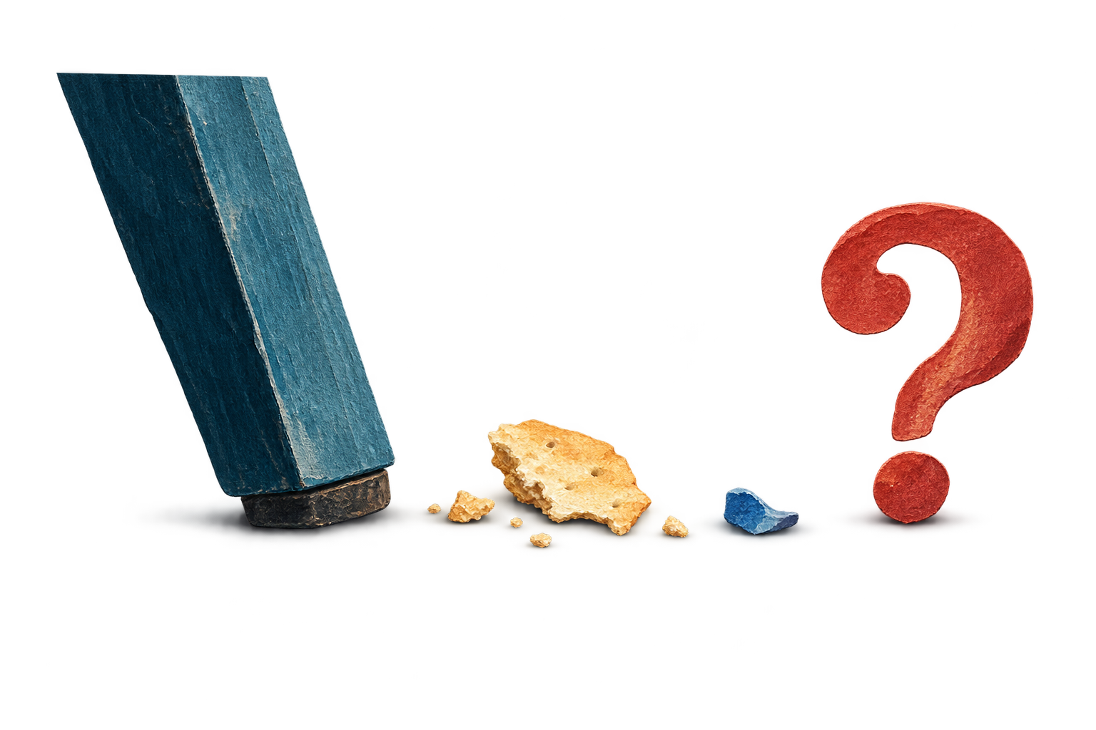 A chair leg, cracker piece and unknown blue fragment beside a question mark.