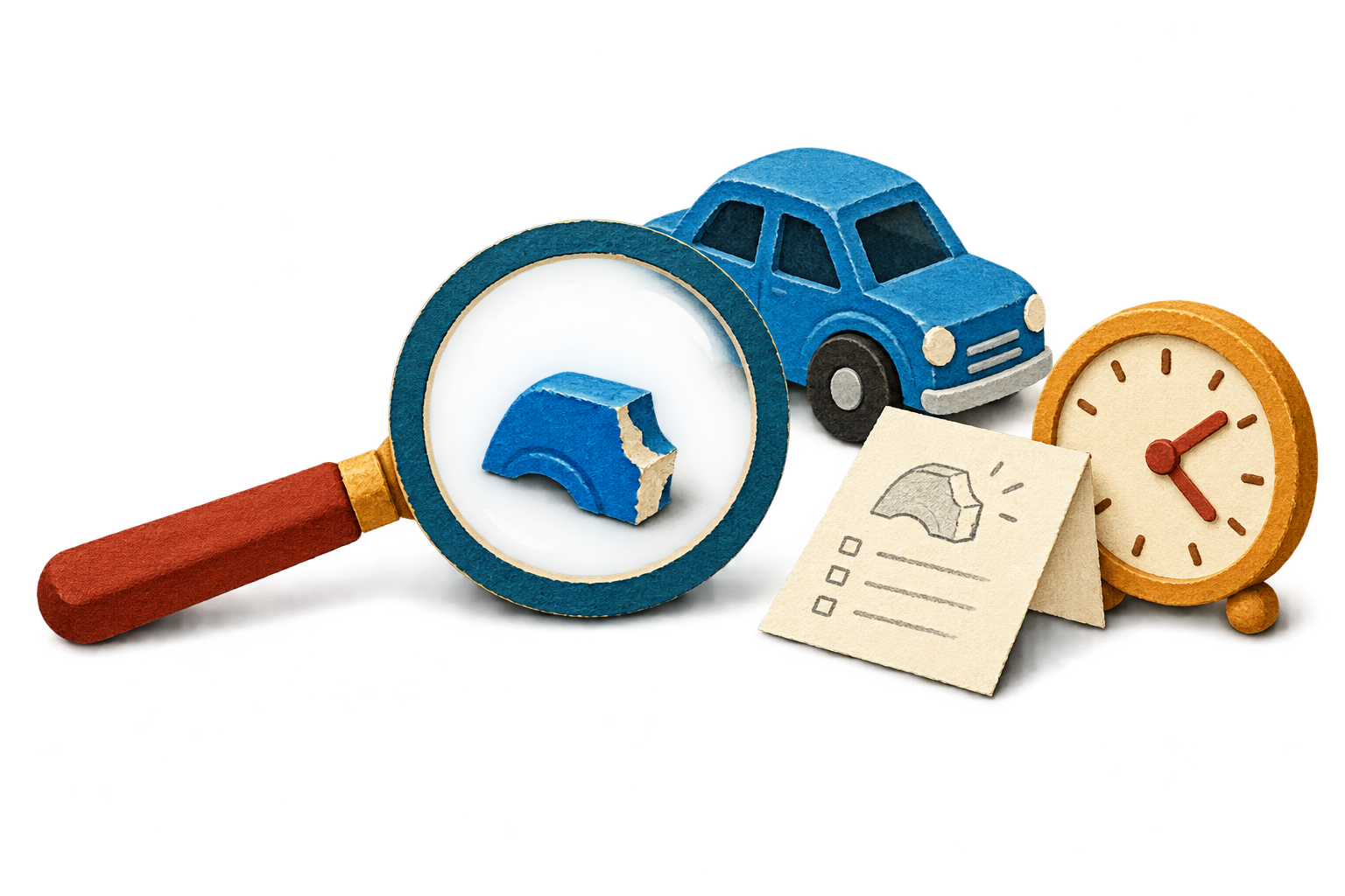 A magnifier, matching toy, clock and observation note.