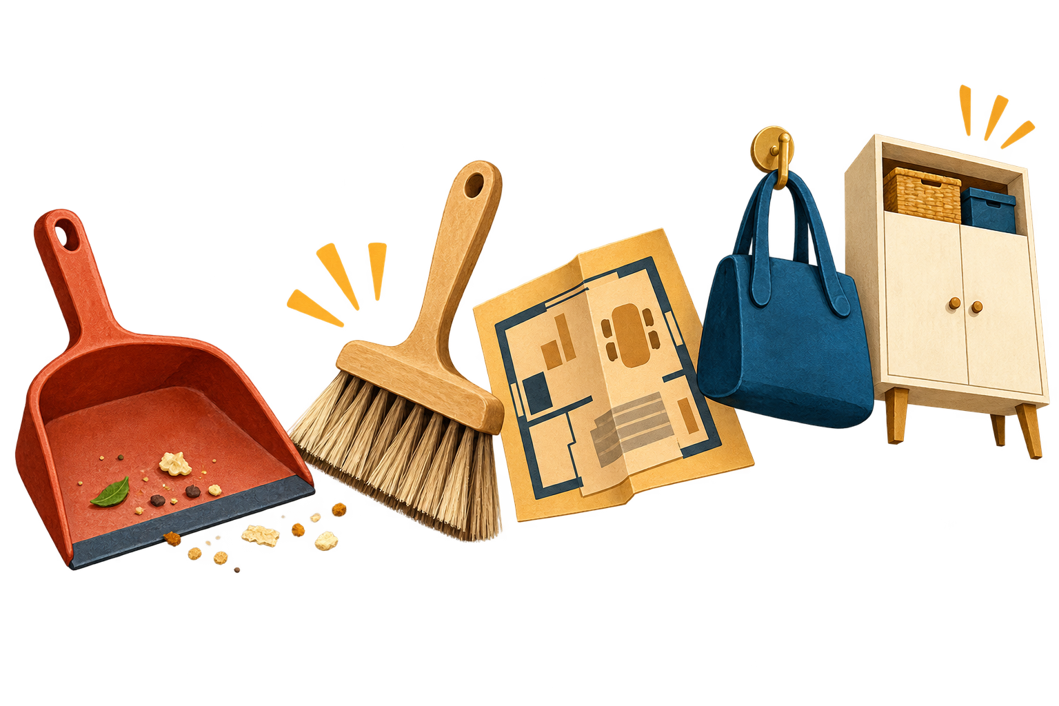 A brush, dustpan, room sketch, adult bag and storage cabinet.