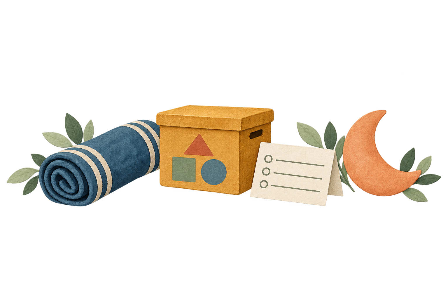 A rolled rug, toy box, caregiver note and crescent moon.