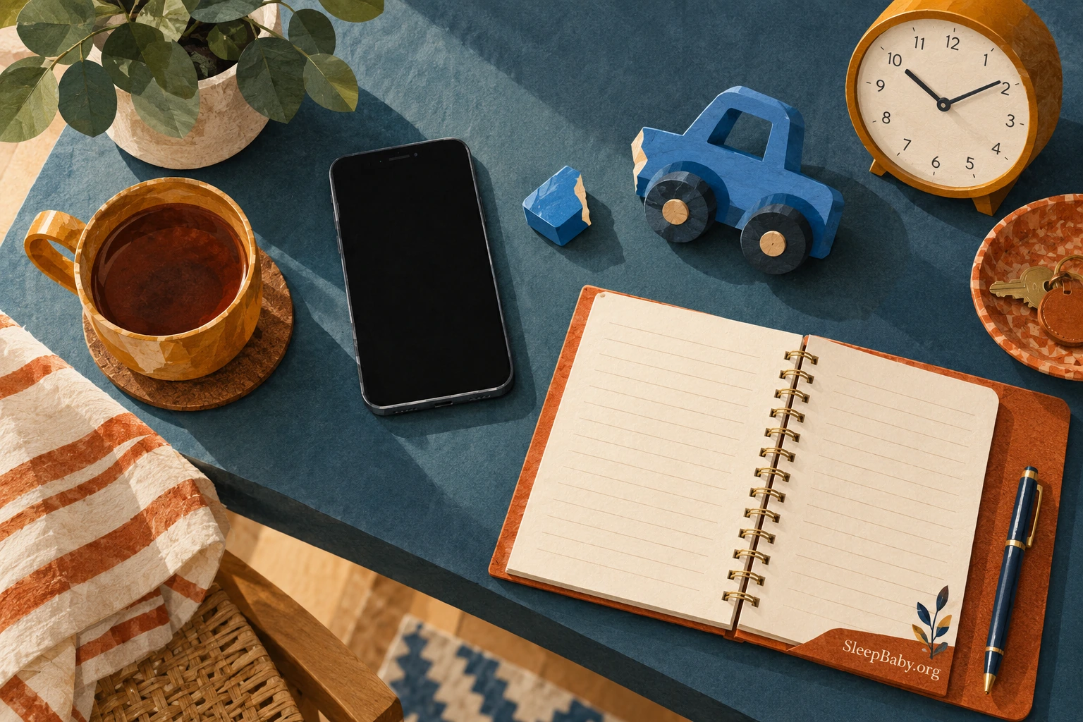 A phone, broken toy, clock and notebook sit together on an adult work table.