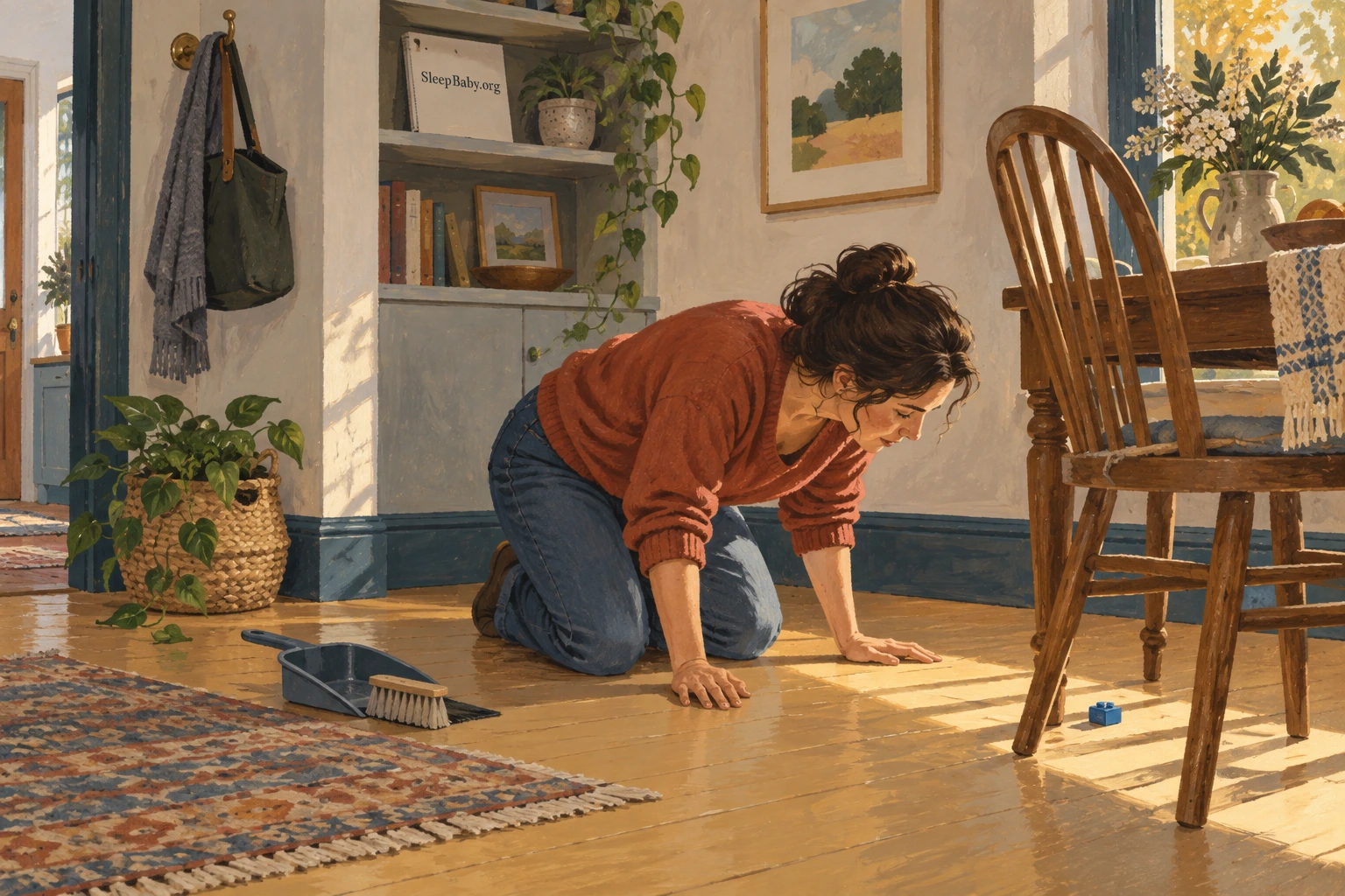 A parent examines the floor around chair legs, with a dustpan nearby.