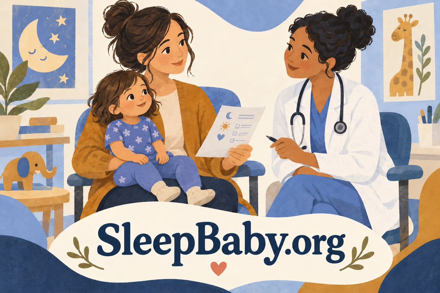 A caregiver holds an awake toddler with hands in their lap while sharing an observation sheet with a clinician.