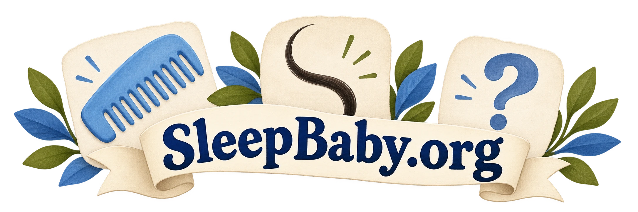 A comb, a hair strand and a question mark appear in three paper windows above a SleepBaby.org ribbon.
