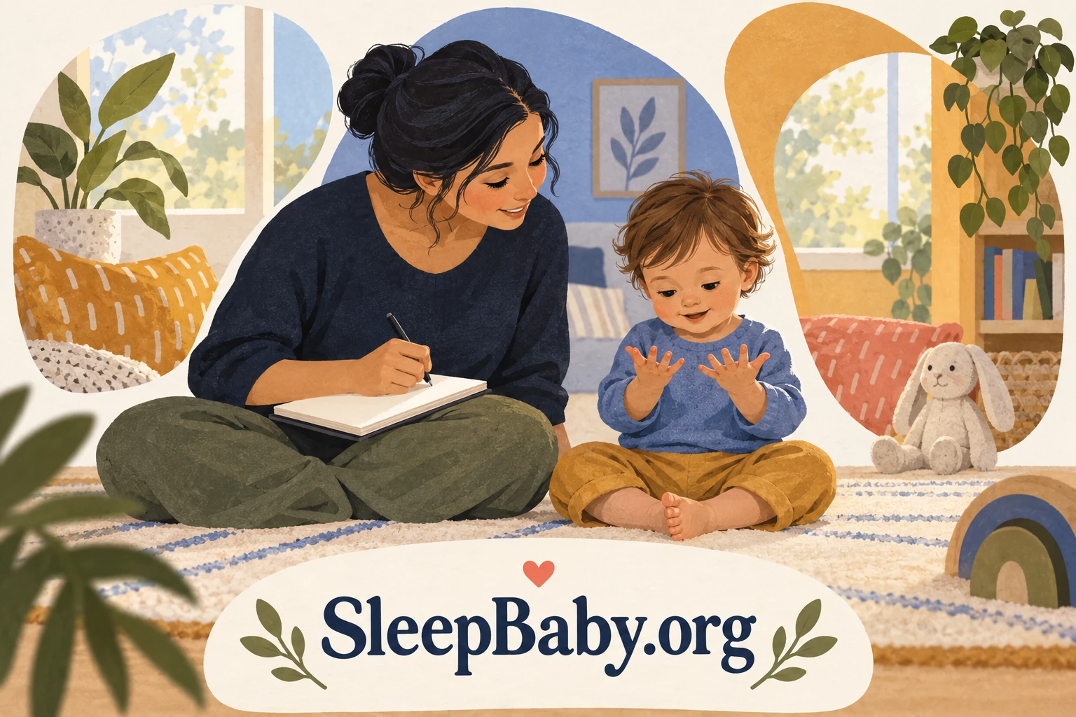 A caregiver sits beside an awake toddler and writes observations while the child looks at their open hands.