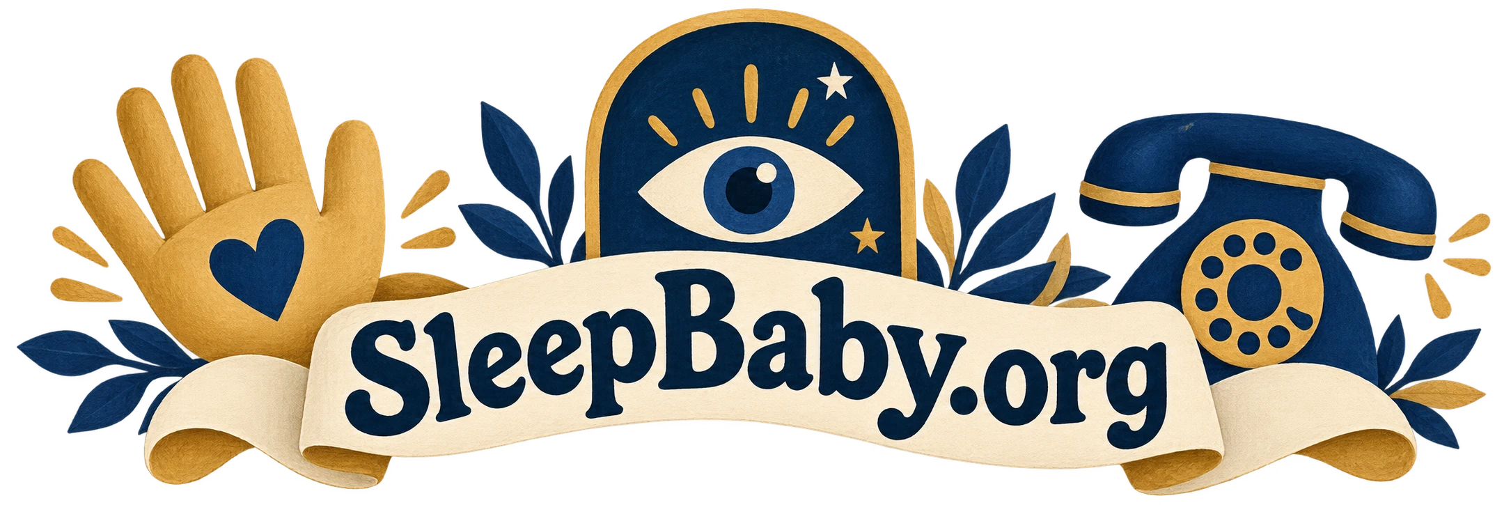 An open hand, an observation eye and a telephone sit above a SleepBaby.org ribbon.