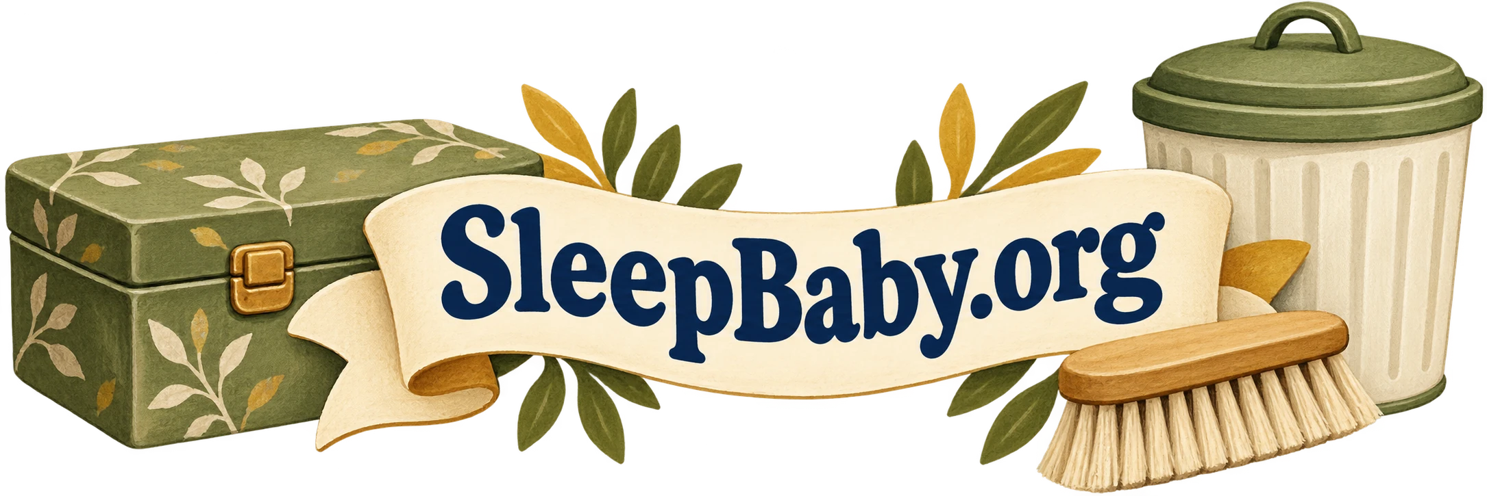 A closed storage box, sweeping brush and lidded bin surround a SleepBaby.org ribbon.