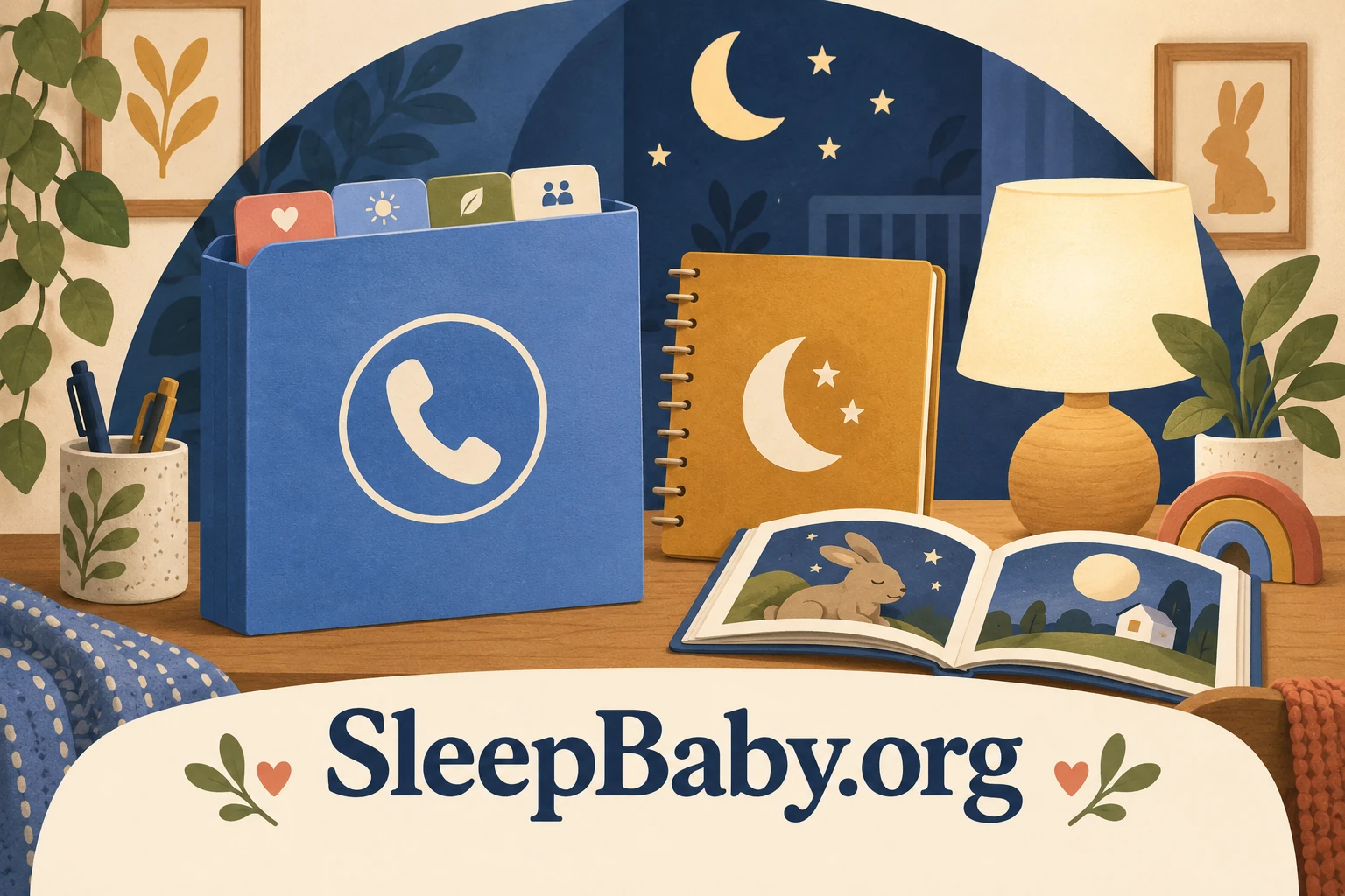 A telephone-marked folder stands beside a moon-marked notebook and an open picture book on an adult tabletop.