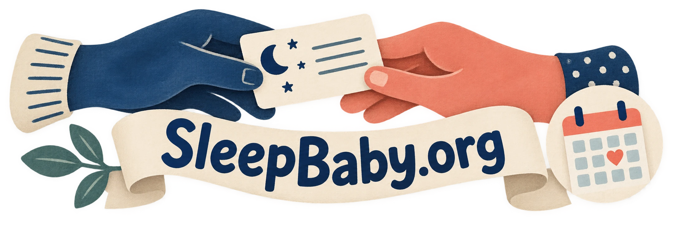 Two illustrated adult hands pass a note beside a calendar and SleepBaby.org ribbon.