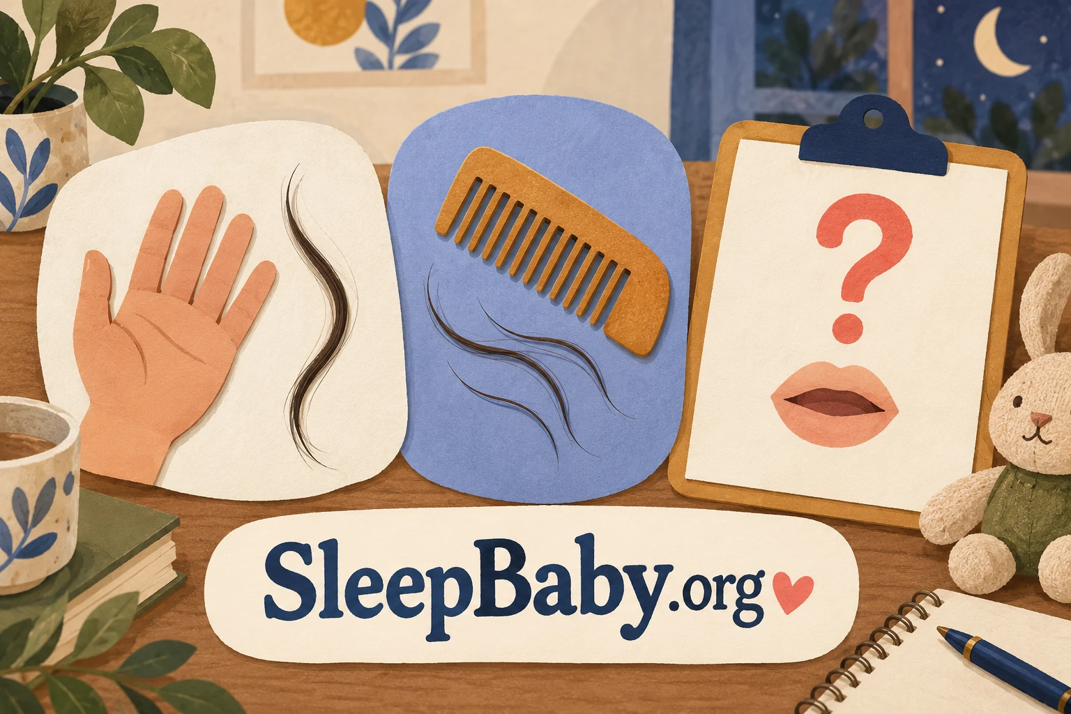 Three illustrated cards show a hand beside hair, a comb with loose strands, and a mouth symbol with a question mark.