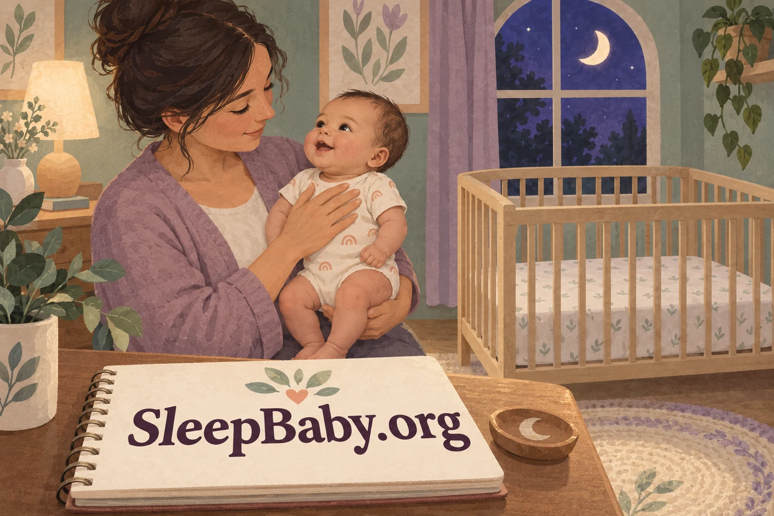Illustrated parent holding an awake baby beside an empty crib, with SleepBaby.org on a large care notebook.