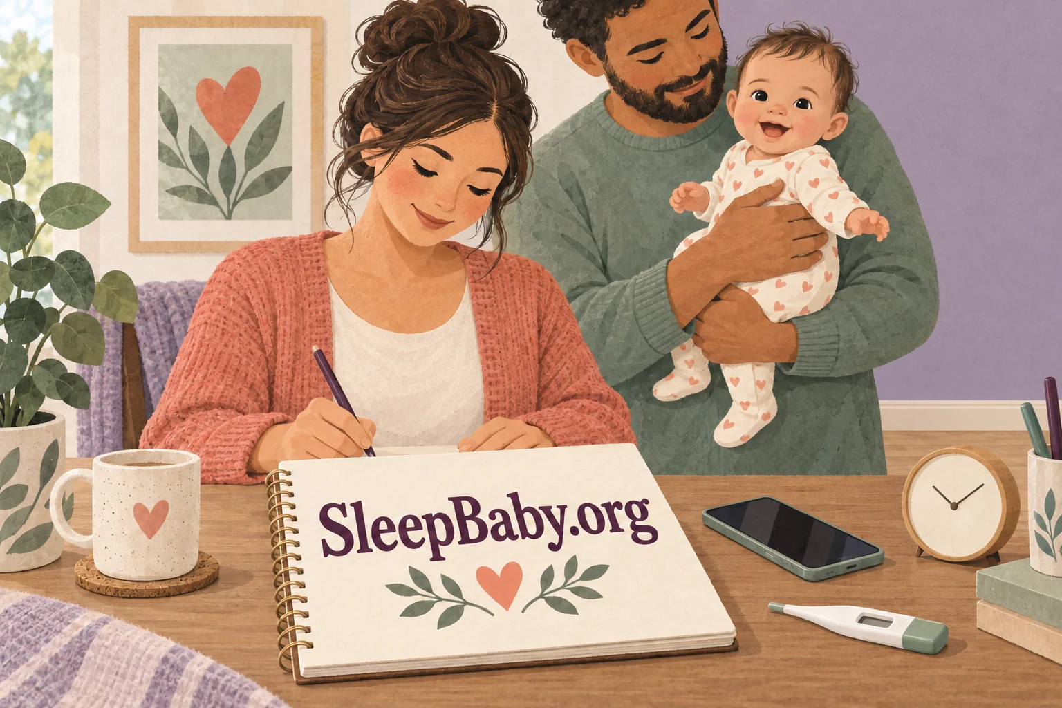 Illustrated parent taking notes while another adult supports an awake baby; unused thermometer on desk and SleepBaby.org notebook.