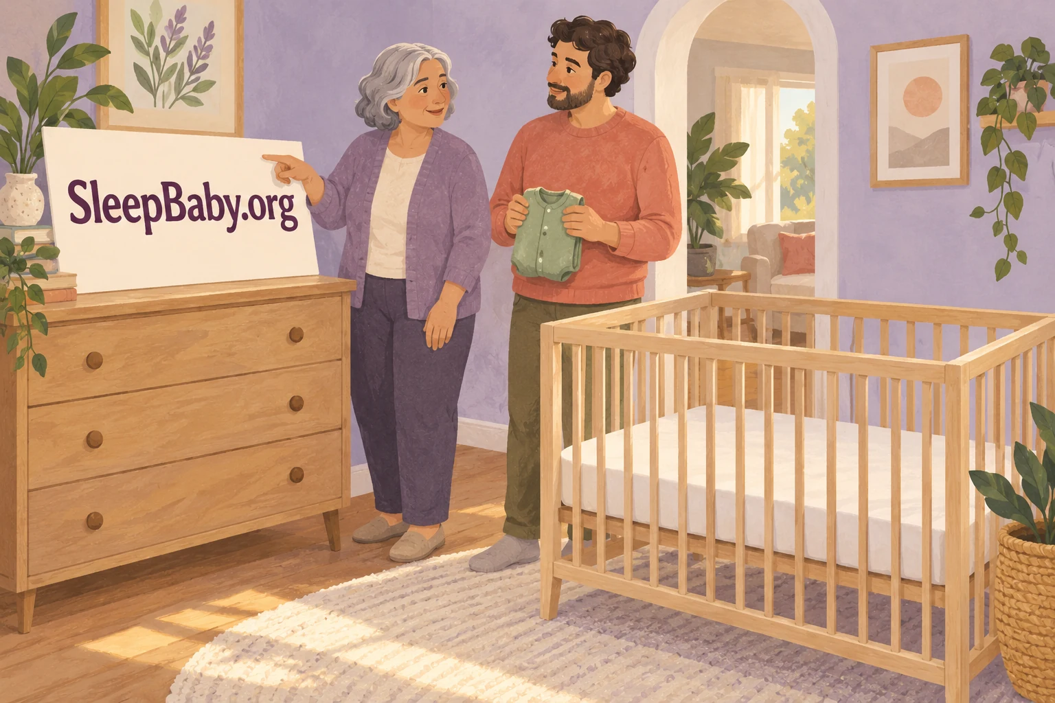 Illustrated parent and older caregiver discussing a care card beside an empty crib, with large SleepBaby.org lettering.