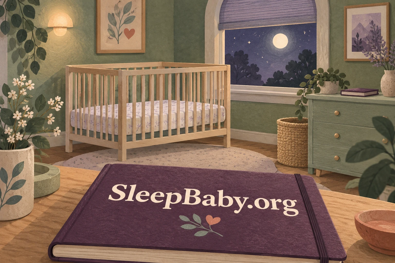 Illustrated empty crib with only a flat fitted sleep surface, a moonlit window and a large SleepBaby.org notebook.