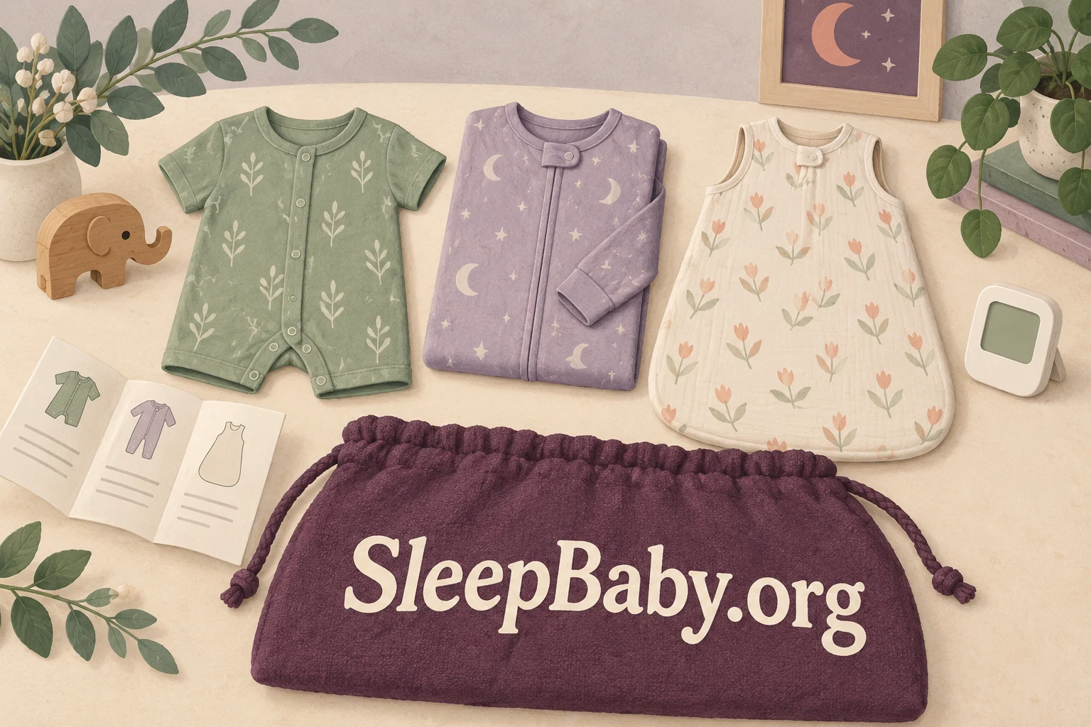 Illustrated lightweight romper, sleepsuit and empty sleeveless sleep sack on a table, with SleepBaby.org on a storage pouch.