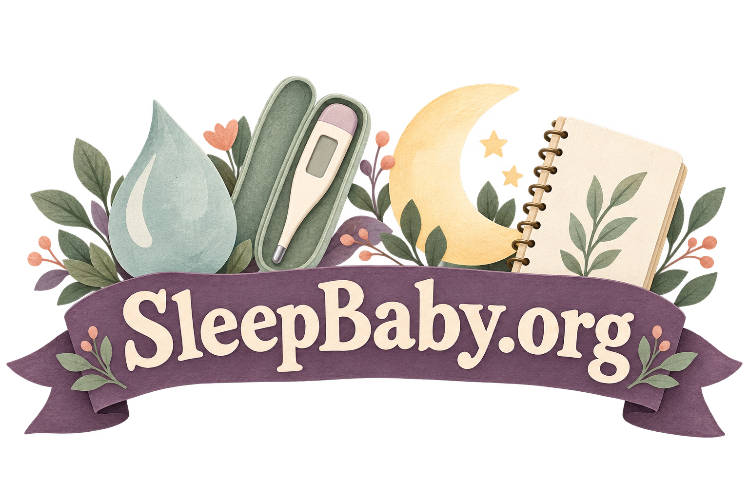 Transparent illustrated divider: from damp hair to useful observations, with SleepBaby.org lettering.