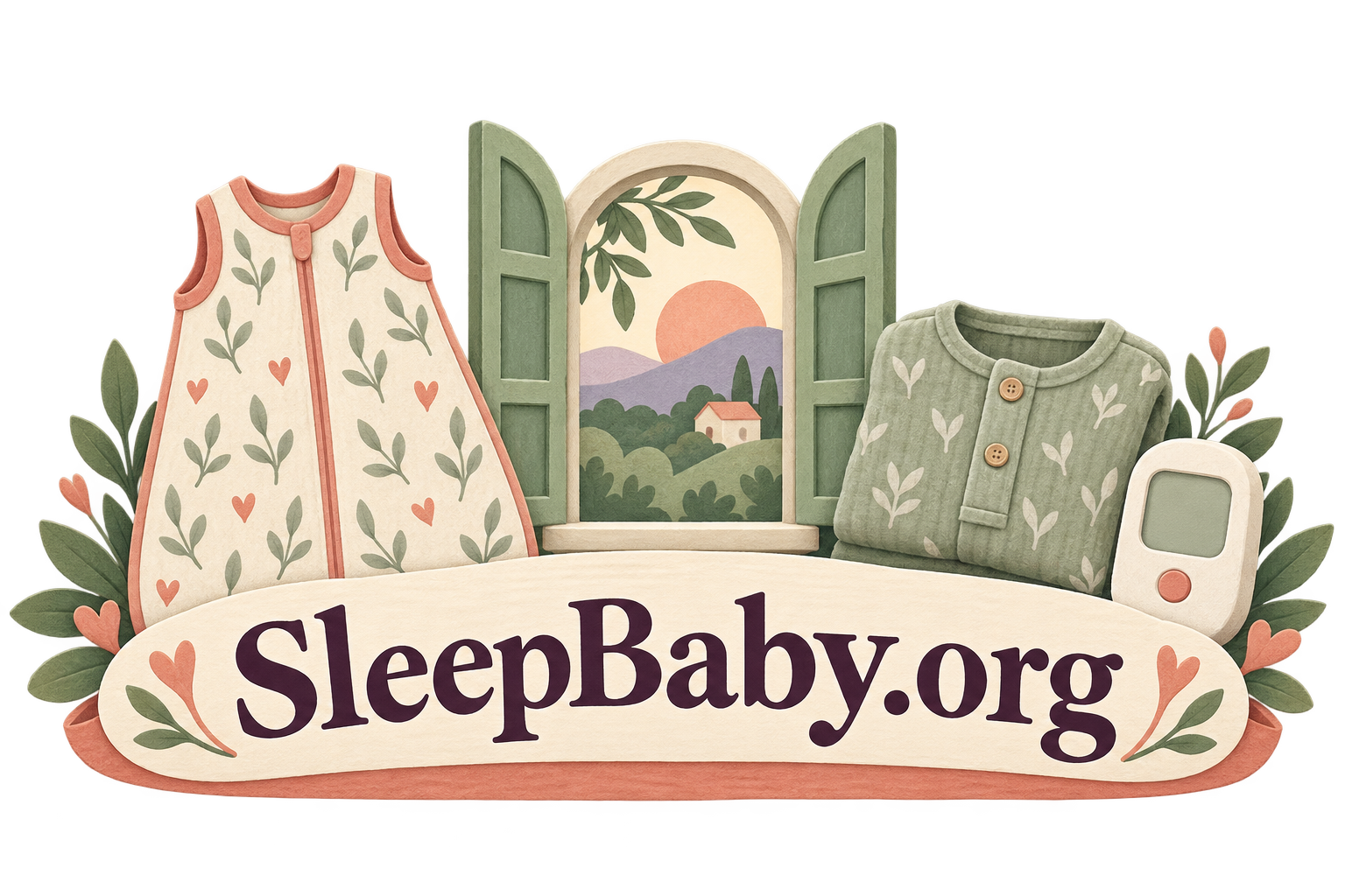 Transparent illustrated divider: match clothing to the sleep environment, with SleepBaby.org lettering.
