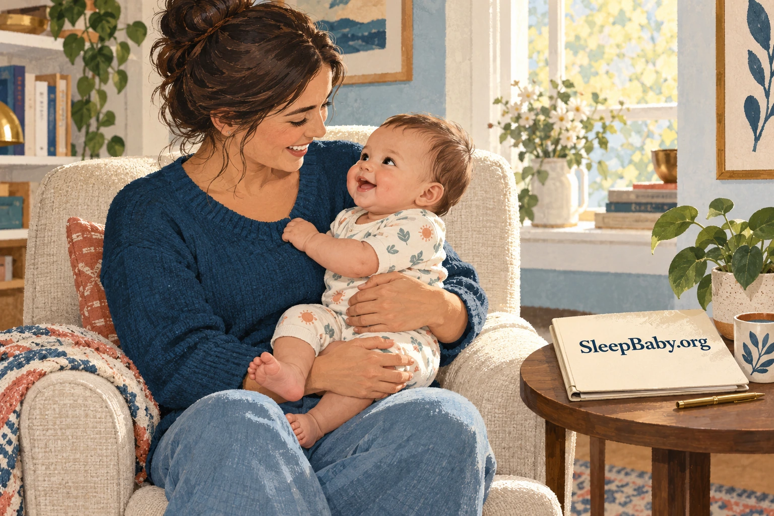 Illustration of a parent holding an awake baby beside a health folder.