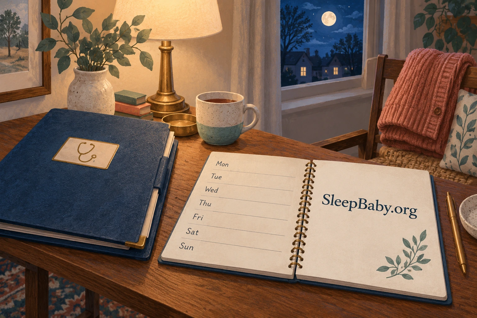 A closed health folder beside a separate seven-row evening notebook under a warm lamp.