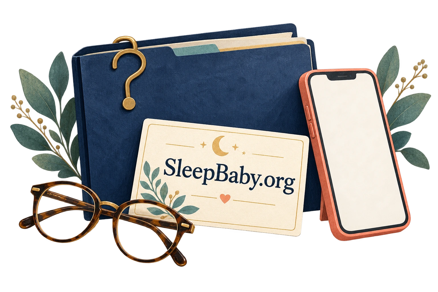 A health folder, question-mark clip, phone, glasses and appointment card.