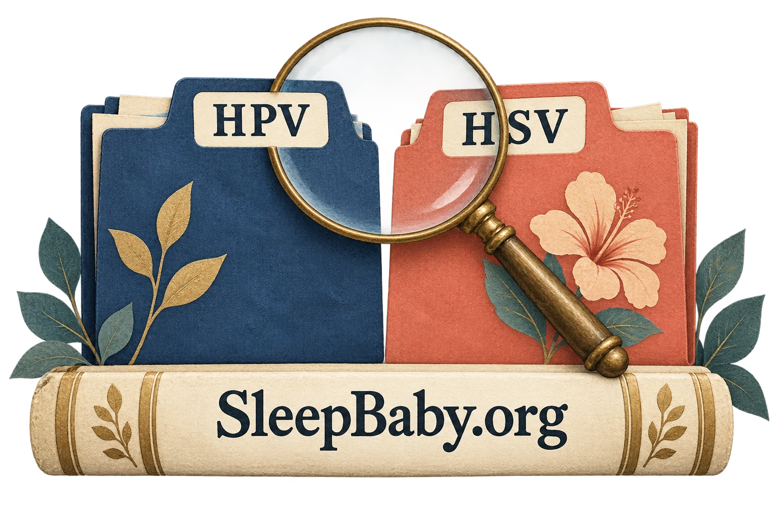 Separate HPV and HSV file tabs with a magnifying glass and reference book.
