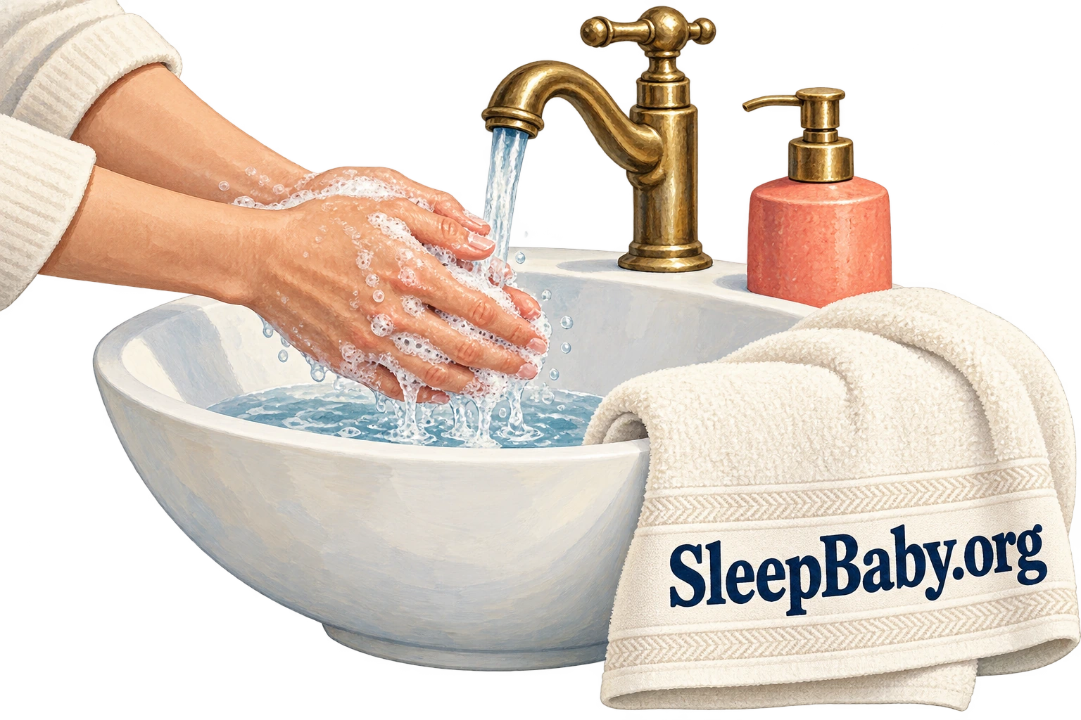 Adult hands washing at a basin beside soap and a hand towel.