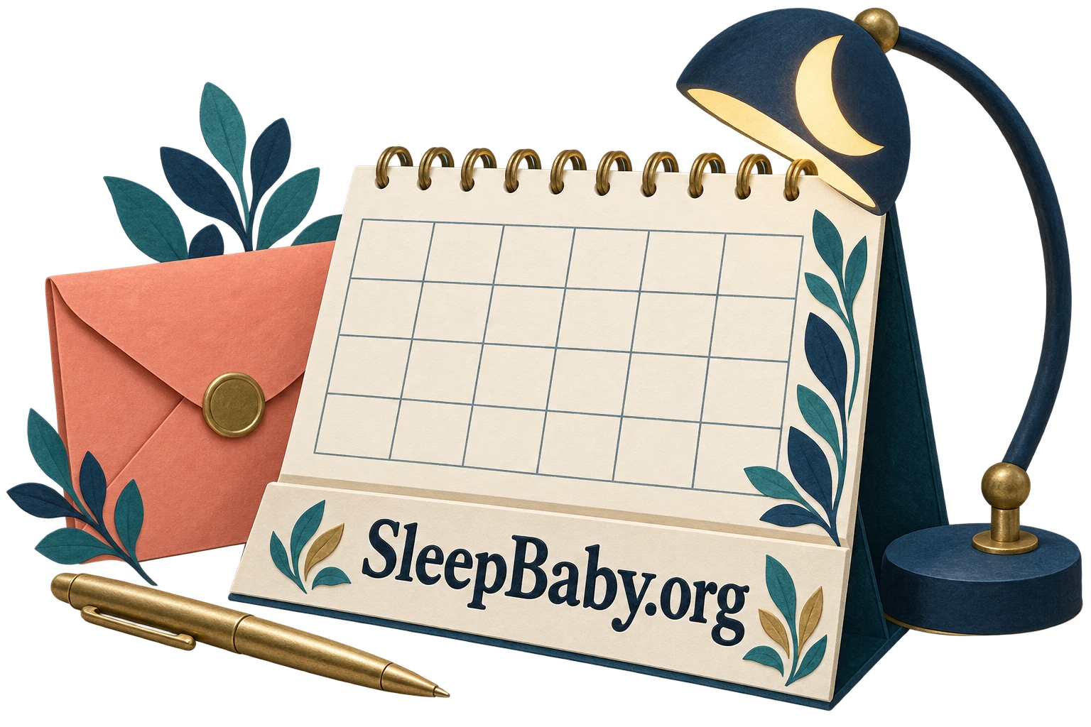 Appointment calendar, envelope, pen and crescent reading lamp.